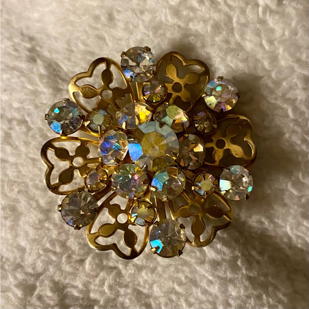 Gorgeous mid century gold tone rhinestone diamanté brooch with AB glass stones